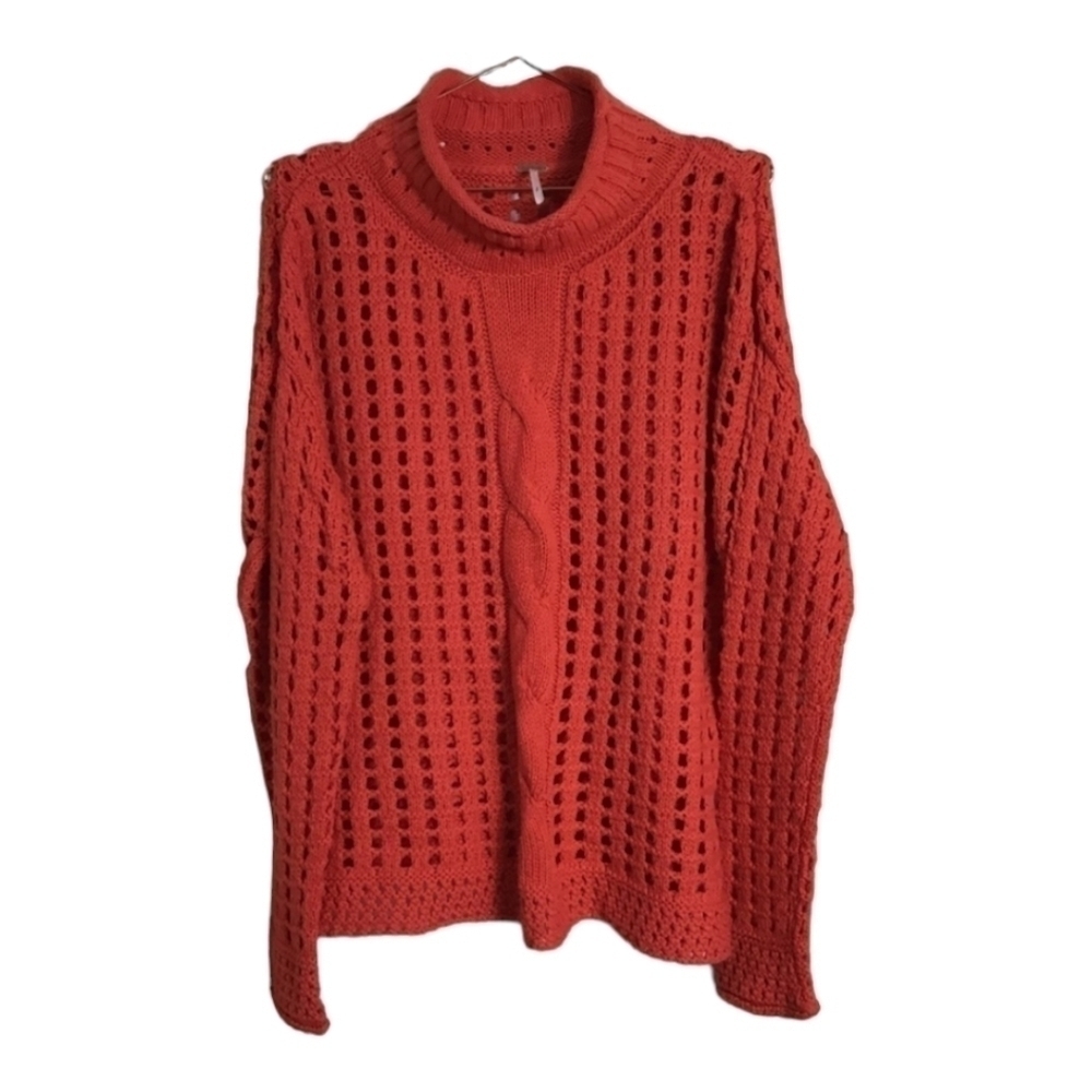 Free People Red Orange Open Knit Sweater Mock Neck Fall Favorite Cable Knit